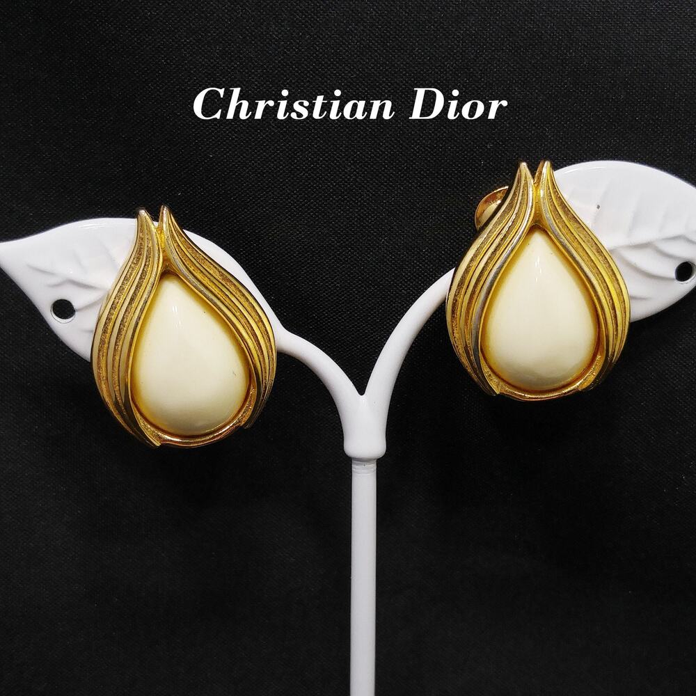 Christian Dior Cream Gold Plated Earrings, Rose Bud Shaped 1980s Vintage Jewelry